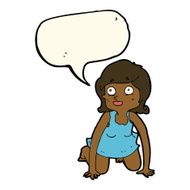 cartoon woman on all fours with speech bubble N16