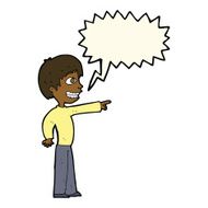 cartoon grinning boy pointing with speech bubble N8