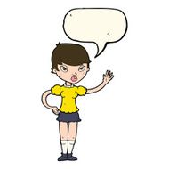 cartoon woman waving with speech bubble N264