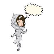 cartoon woman wearing space helmet with speech bubble N16