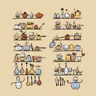 Kitchen utensils characters on shelves sketch drawing for your design