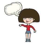 cartoon smug woman making dismissive gesture with speech bubble N7