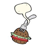 cartoon fork and burger with speech bubble N4