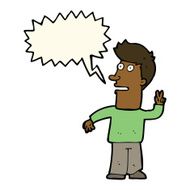 cartoon man making peace sign with speech bubble N7