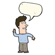 cartoon man making peace sign with speech bubble N8
