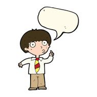 cartoon school boy with question speech bubble N8
