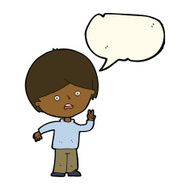 cartoon unhappy boy giving peace sign with speech bubble N7
