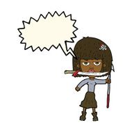 cartoon woman with knife and harpoon speech bubble N7