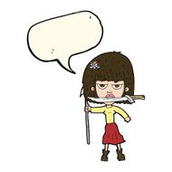 cartoon woman with knife and harpoon speech bubble N8