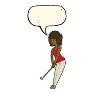 cartoon woman playing golf with speech bubble N16