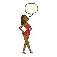 cartoon woman in party dress with speech bubble N7
