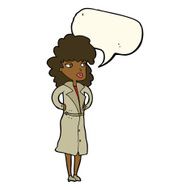 cartoon woman in trench coat with speech bubble N21