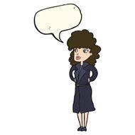 cartoon woman in trench coat with speech bubble N22
