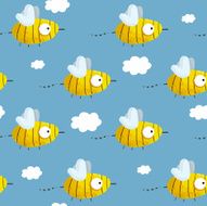 Seamless pattern with hand-drawn bees in the blue sky