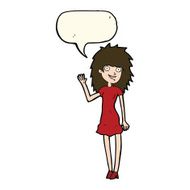 cartoon happy woman waving with speech bubble N8