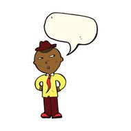 cartoon man wearing hat with speech bubble N7
