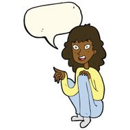 cartoon happy woman sitting and pointing with speech bubble N8