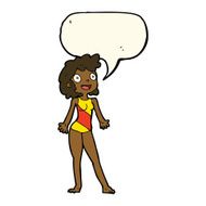 cartoon woman in swimming costume with speech bubble N7