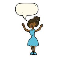 cartoon woman with raised arms speech bubble N7