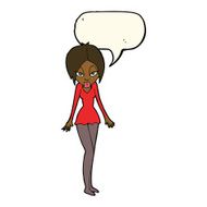 cartoon woman in short dress with speech bubble N8