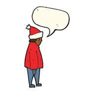 cartoon person in winter clothes with speech bubble N8