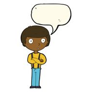 cartoon staring boy with folded arms speech bubble N7