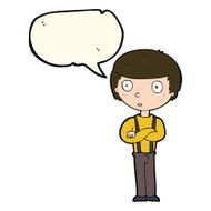 cartoon staring boy with folded arms speech bubble N8