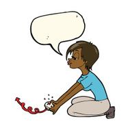 cartoon girl playing computer games with speech bubble N6