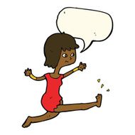 cartoon happy woman kicking with speech bubble N7