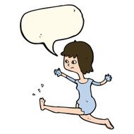 cartoon happy woman kicking with speech bubble N8