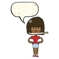 cartoon woman with knife between teeth speech bubble N29