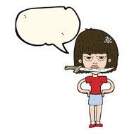cartoon woman with knife between teeth speech bubble N30