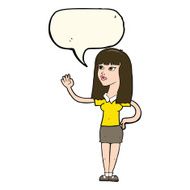 cartoon pretty woman waving with speech bubble N70