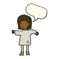 cartoon woman in patched clothing with speech bubble N8