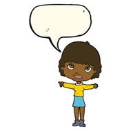 cartoon happy woman pointing with speech bubble N55