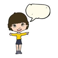 cartoon happy woman pointing with speech bubble N56