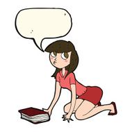 cartoon girl picking up book with speech bubble N8