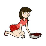 comic cartoon girl picking up book