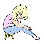 comic cartoon woman sitting on small stool