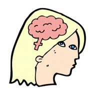 comic cartoon female head with brain symbol