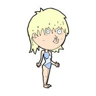 comic cartoon woman in swimsuit shrugging shoulders