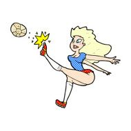 comic cartoon female soccer player kicking ball