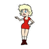 comic cartoon worried woman in dress pointing