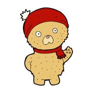 comic cartoon teddy bear in winter hat and scarf