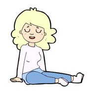 comic cartoon happy woman sitting on floor N2