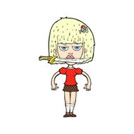 comic cartoon woman with knife between teeth N4