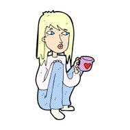 comic cartoon woman sitting with cup of coffee