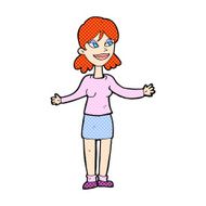 comic cartoon happy woman shruggin shoulders