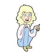 comic cartoon happy woman sitting and pointing