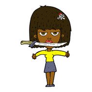 comic cartoon woman with knife between teeth N5